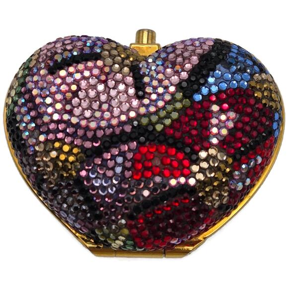 Judith Leiber Heart Crystal Pill Box Multicolor Pave Gold Tone Signed 2 inches - Picture 3 of 16